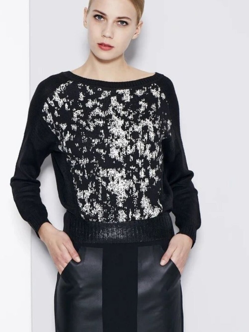 COP COPINE LIEGE Merino Wool Blend Abstract Print Cropped Black White Sweater M